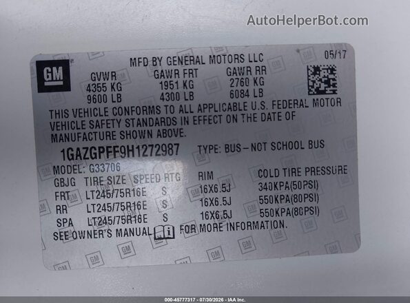 1GAZGPFF9H1272987 2017 CHEVROLET EXPRESS White Widok komory silnika