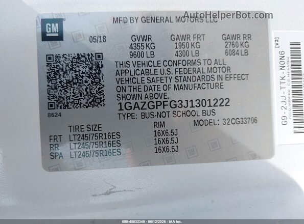 1GAZGPFG3J1301222 2018 CHEVROLET EXPRESS White Вид підкапотного простору