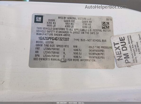 1GAZGPFG4G1327207 2016 CHEVROLET EXPRESS White Vista del compartimento del motor