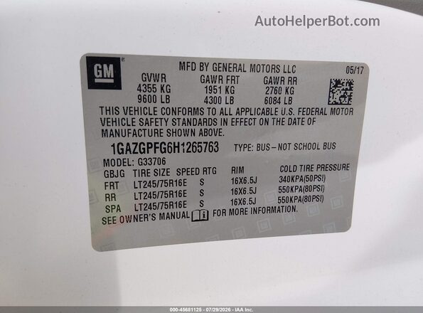 1GAZGPFG6H1265763 2017 CHEVROLET EXPRESS White Вид підкапотного простору