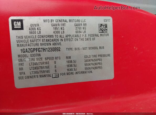 1GAZGPFG7H1230892 2017 CHEVROLET EXPRESS Red Вид підкапотного простору