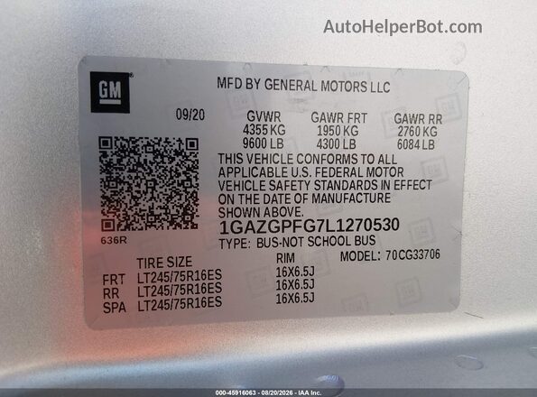 1GAZGPFG7L1270530 2020 CHEVROLET EXPRESS Beige VIN sticker view
