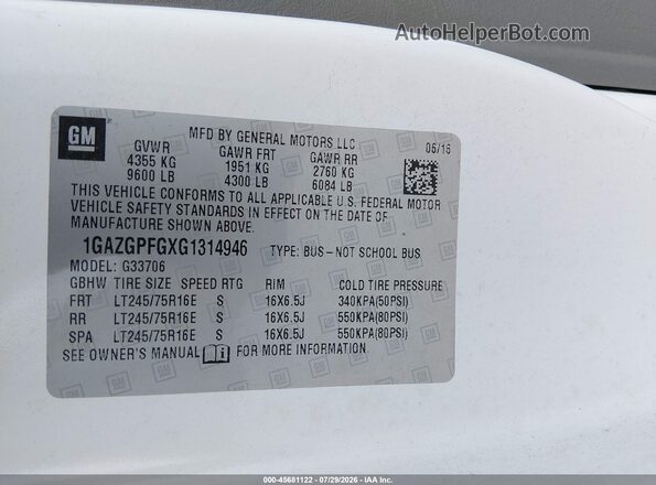 1GAZGPFGXG1314946 2016 CHEVROLET EXPRESS White ძრავის განყოფილების ხედი