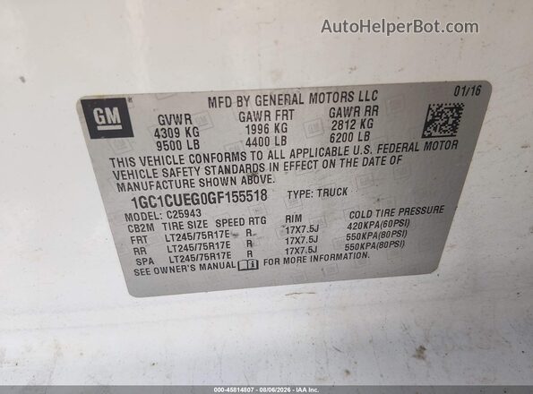 1GC1CUEG0GF155518 2016 CHEVROLET SILVERADO White Շարժիչի բաժամունքի տեսք