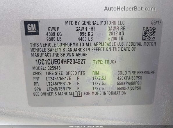 1GC1CUEG4HF204527 2017 CHEVROLET SILVERADO Silver Շարժիչի բաժամունքի տեսք