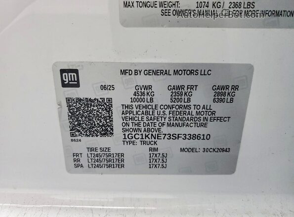 1GC1KNE73SF338610 2025 CHEVROLET SILVERADO White Widok naklejki z numerem VIN