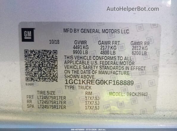 1GC1KREG0KF168889 2019 CHEVROLET SILVERADO Silver Вид підкапотного простору