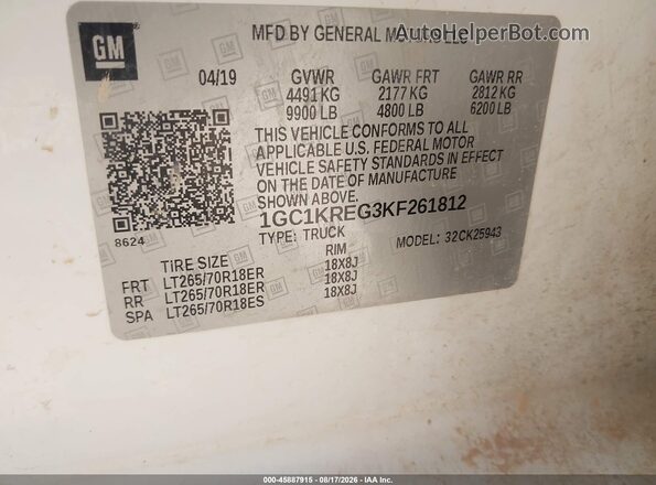 1GC1KREG3KF261812 2019 CHEVROLET SILVERADO White ძრავის განყოფილების ხედი
