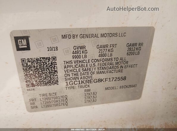 1GC1KREG8KF172558 2019 CHEVROLET SILVERADO White ძრავის განყოფილების ხედი
