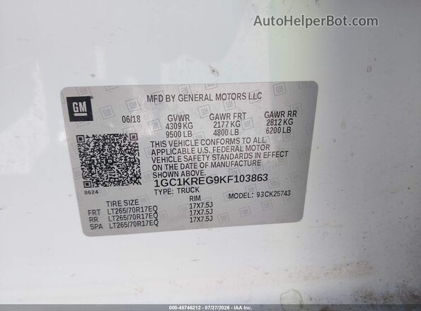 1GC1KREG9KF103863 2019 CHEVROLET SILVERADO White ძრავის განყოფილების ხედი