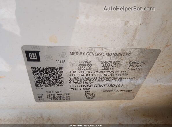 1GC1KSEG0KF180404 2019 CHEVROLET SILVERADO White Вид підкапотного простору