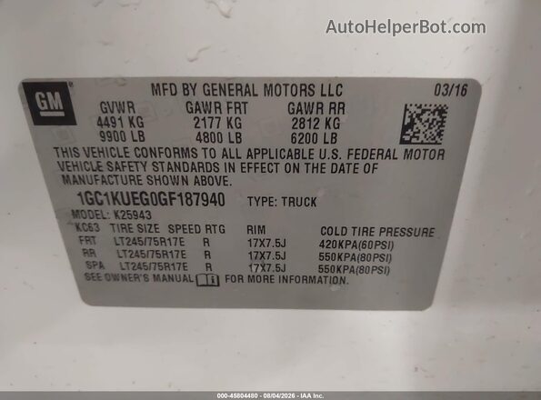 1GC1KUEG0GF187940 2016 CHEVROLET SILVERADO White Widok komory silnika