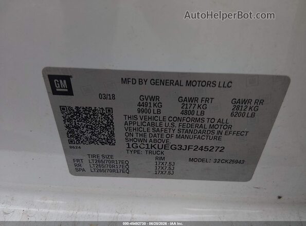 1GC1KUEG3JF245272 2018 CHEVROLET SILVERADO White ძრავის განყოფილების ხედი