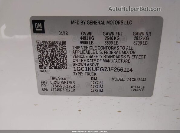 1GC1KUEG7JF256114 2018 CHEVROLET SILVERADO White Շարժիչի բաժամունքի տեսք