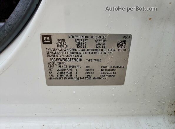 1GC1KWE83GF270010 2016 CHEVROLET SILVERADO White VIN sticker view