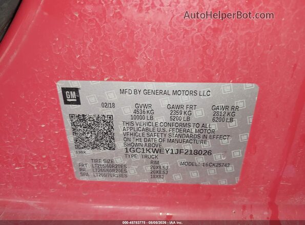 1GC1KWEY1JF218026 2018 CHEVROLET SILVERADO Red Vista del compartimento del motor