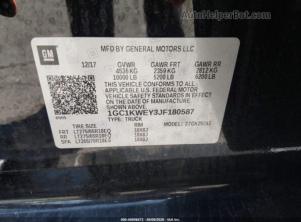 1GC1KWEY3JF180587 2018 CHEVROLET SILVERADO Black Widok komory silnika