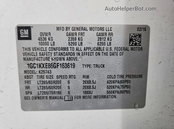 1GC1KXE86GF163619 2016 CHEVROLET SILVERADO Белый Вид наклейки с VIN-кодом