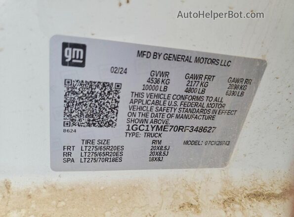 1GC1YME70RF348627 2024 CHEVROLET SILVERADO White Vista de la etiqueta del VIN