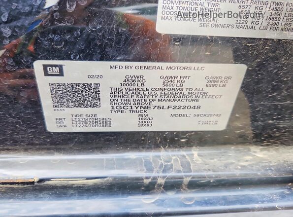 1GC1YNE75LF222048 2020 CHEVROLET SILVERADO Черный Вид наклейки с VIN-кодом