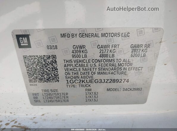 1GC2KUEG3JZ289274 2018 CHEVROLET SILVERADO Белый Вид подкапотного пространства