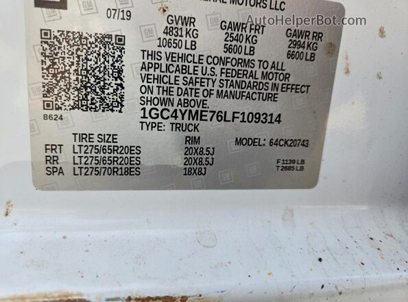 1GC4YME76LF109314 2020 CHEVROLET SILVERADO White Вид підкапотного простору