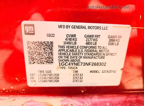 1GC4YNE73NF268302 2022 CHEVROLET SILVERADO Red Vista de la etiqueta del VIN