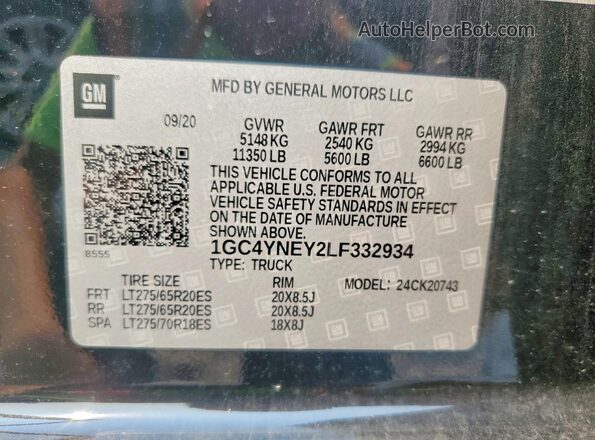 1GC4YNEY2LF332934 2020 CHEVROLET SILVERADO Black Вид підкапотного простору