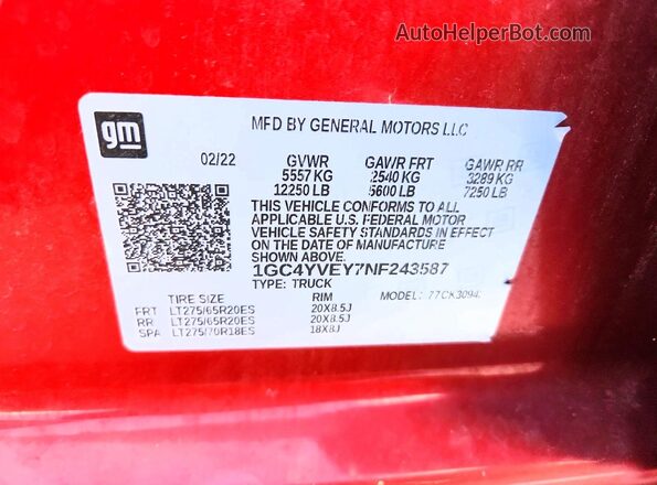 1GC4YVEY7NF243587 2022 CHEVROLET SILVERADO Бордовый Вид подкапотного пространства