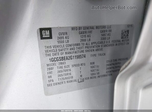 1GCGSBEA2G1198574 2016 CHEVROLET COLORADO Silver Вид підкапотного простору