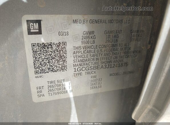 1GCGSBEA3J1241875 2018 CHEVROLET COLORADO Серый Вид подкапотного пространства