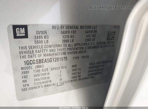 1GCGSBEA5G1281979 2016 CHEVROLET COLORADO Silver ძრავის განყოფილების ხედი