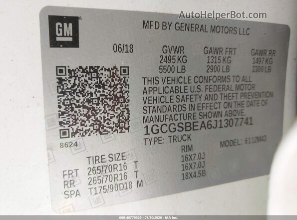 1GCGSBEA6J1307741 2018 CHEVROLET COLORADO White Вид підкапотного простору