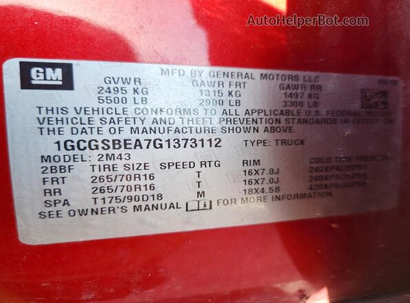 1GCGSBEA7G1373112 2016 CHEVROLET COLORADO Красный Вид наклейки с VIN-кодом