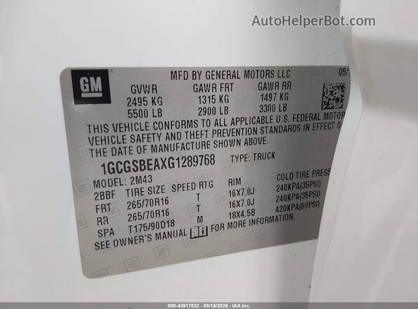 1GCGSBEAXG1289768 2016 CHEVROLET COLORADO White Вид підкапотного простору