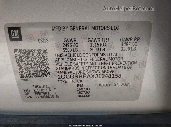 1GCGSBEAXJ1248158 2018 CHEVROLET COLORADO Серебряный Вид подкапотного пространства