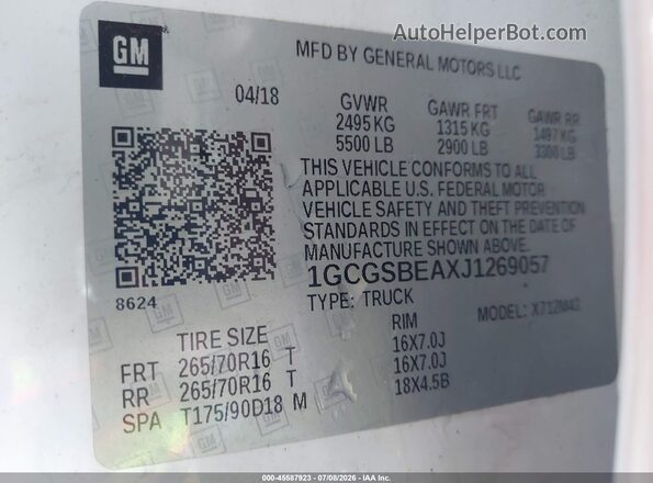 1GCGSBEAXJ1269057 2018 CHEVROLET COLORADO White Вид підкапотного простору
