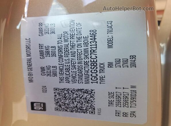 1GCGSBEC7R1134468 2024 CHEVROLET COLORADO Tan VIN კოდის სტიკერის ხედი