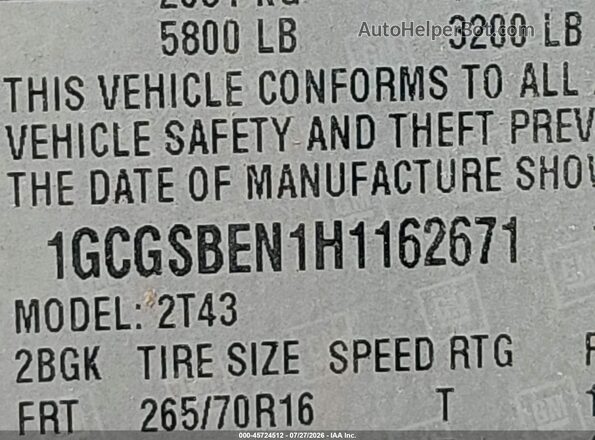 1GCGSBEN1H1162671 2017 CHEVROLET COLORADO White ძრავის განყოფილების ხედი