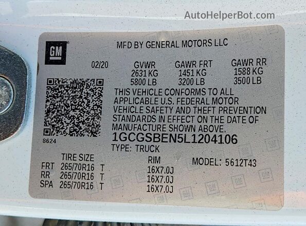 1GCGSBEN5L1204106 2020 CHEVROLET COLORADO Белый 