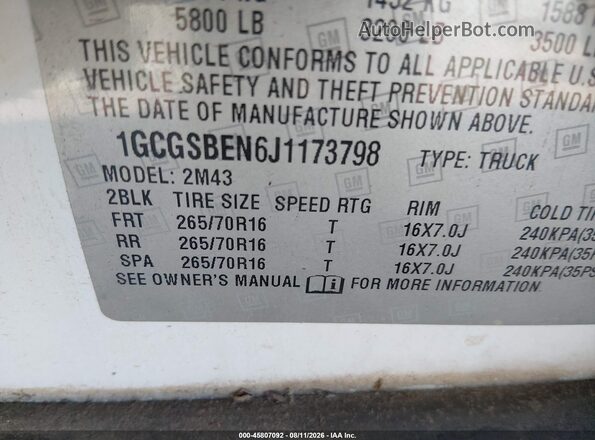 1GCGSBEN6J1173798 2018 CHEVROLET COLORADO Белый Вид подкапотного пространства