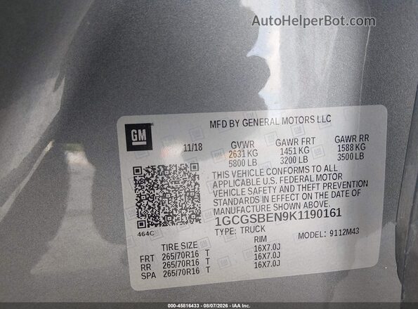 1GCGSBEN9K1190161 2019 CHEVROLET COLORADO Gray Engine compartment view