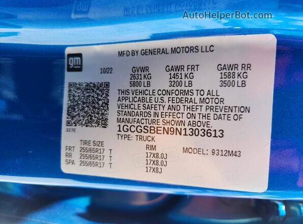 1GCGSBEN9N1303613 2022 CHEVROLET COLORADO Blue Engine compartment view