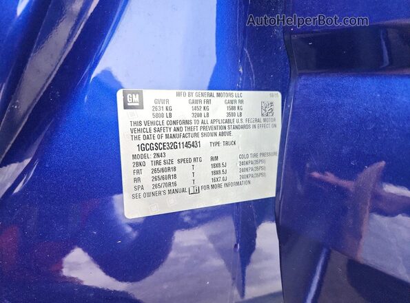 1GCGSCE32G1145431 2016 CHEVROLET COLORADO Blue Vista del compartimento del motor