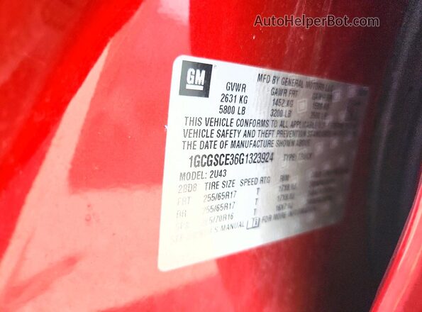 1GCGSCE36G1323924 2016 CHEVROLET COLORADO Red Vista de la etiqueta del VIN