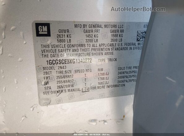 1GCGSCE3XG1340872 2016 CHEVROLET COLORADO Silver Widok komory silnika