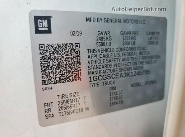 1GCGSCEA3K1245755 2019 CHEVROLET COLORADO Белый Вид подкапотного пространства
