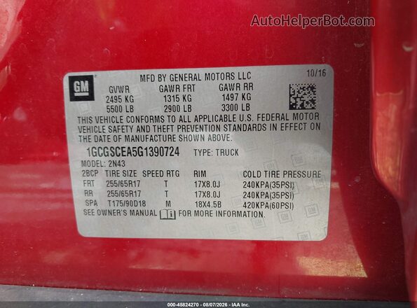 1GCGSCEA5G1390724 2016 CHEVROLET COLORADO Red ძრავის განყოფილების ხედი
