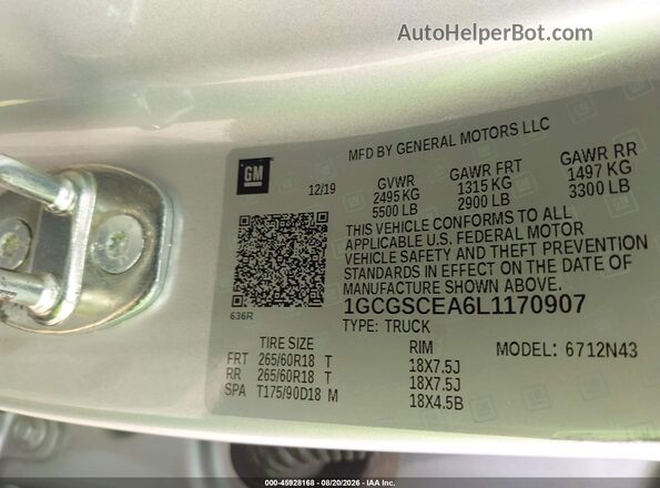1GCGSCEA6L1170907 2020 CHEVROLET COLORADO Silver Շարժիչի բաժամունքի տեսք