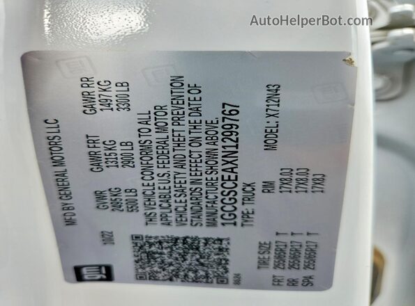 1GCGSCEAXN1299767 2022 CHEVROLET COLORADO White Вид наклейки з VIN-кодом
